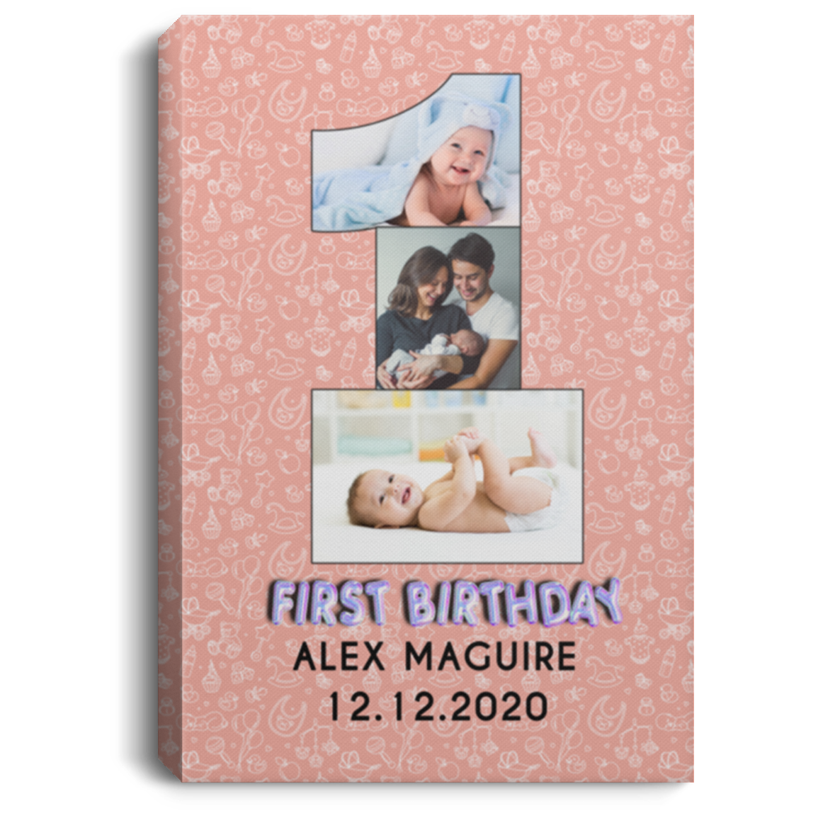 Custom Photo Happy First Birthday Wrapped Framed Canvas Prints - Unframed Poster - Wall Art, White, 0.75'' Framed Canvas