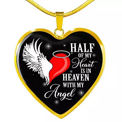 Half Of My Heart Is In Heaven With My Angel Wings Heart Pendant Necklace - Memorial Gift - Heart Luxury Necklace (Gold Plated)