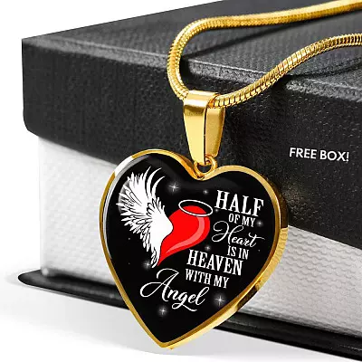 Half Of My Heart Is In Heaven With My Angel Wings Heart Pendant Necklace - Memorial Gift - Heart Luxury Necklace (Gold Plated)