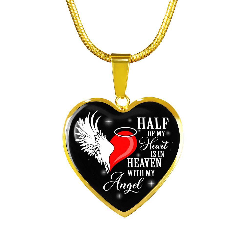 Half Of My Heart Is In Heaven With My Angel Wings Heart Pendant Necklace - Memorial Gift - Heart Luxury Necklace (Gold Plated)