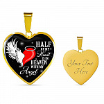 Half Of My Heart Is In Heaven With My Angel Wings Heart Pendant Necklace - Memorial Gift - Heart Luxury Necklace (Gold Plated)