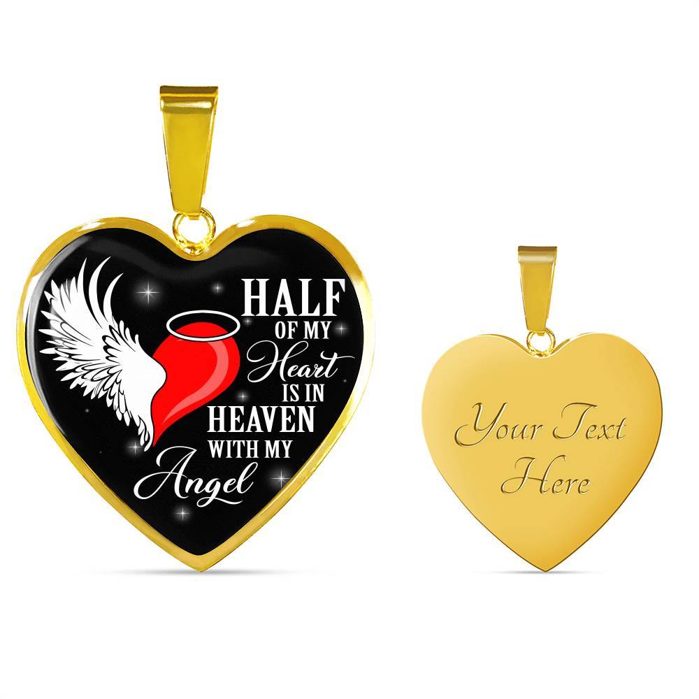 Half Of My Heart Is In Heaven With My Angel Wings Heart Pendant Necklace - Memorial Gift - Heart Luxury Necklace (Gold Plated)