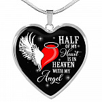 Half Of My Heart Is In Heaven With My Angel Wings Heart Pendant Necklace - Memorial Gift - Heart Luxury Necklace (Silver)