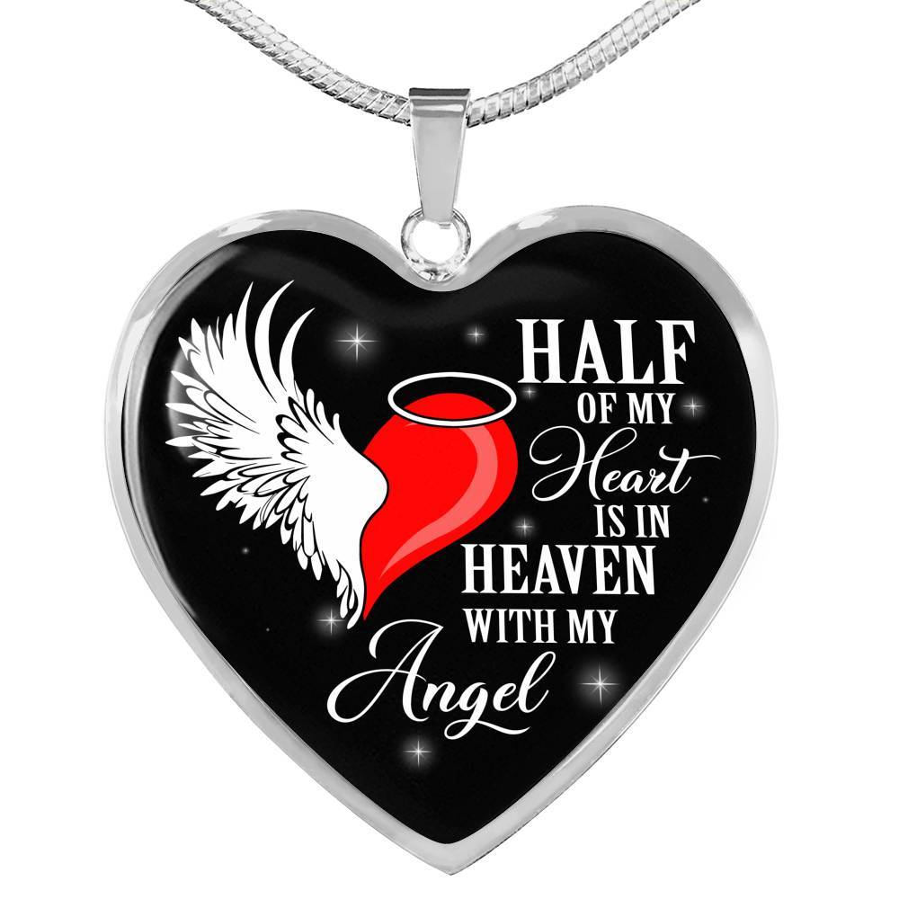 Half Of My Heart Is In Heaven With My Angel Wings Heart Pendant Necklace - Memorial Gift - Heart Luxury Necklace (Silver)