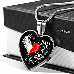 Half Of My Heart Is In Heaven With My Angel Wings Heart Pendant Necklace - Memorial Gift - Heart Luxury Necklace (Silver)
