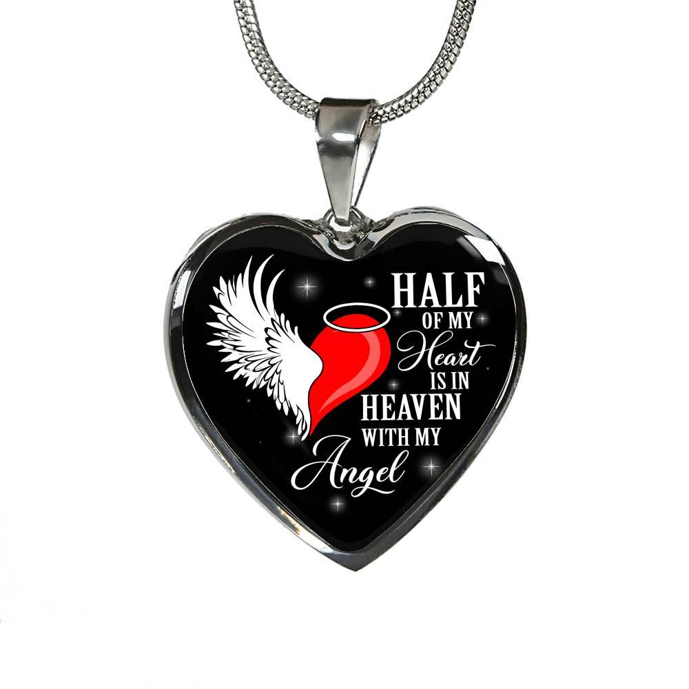 Half Of My Heart Is In Heaven With My Angel Wings Heart Pendant Necklace - Memorial Gift - Heart Luxury Necklace (Silver)