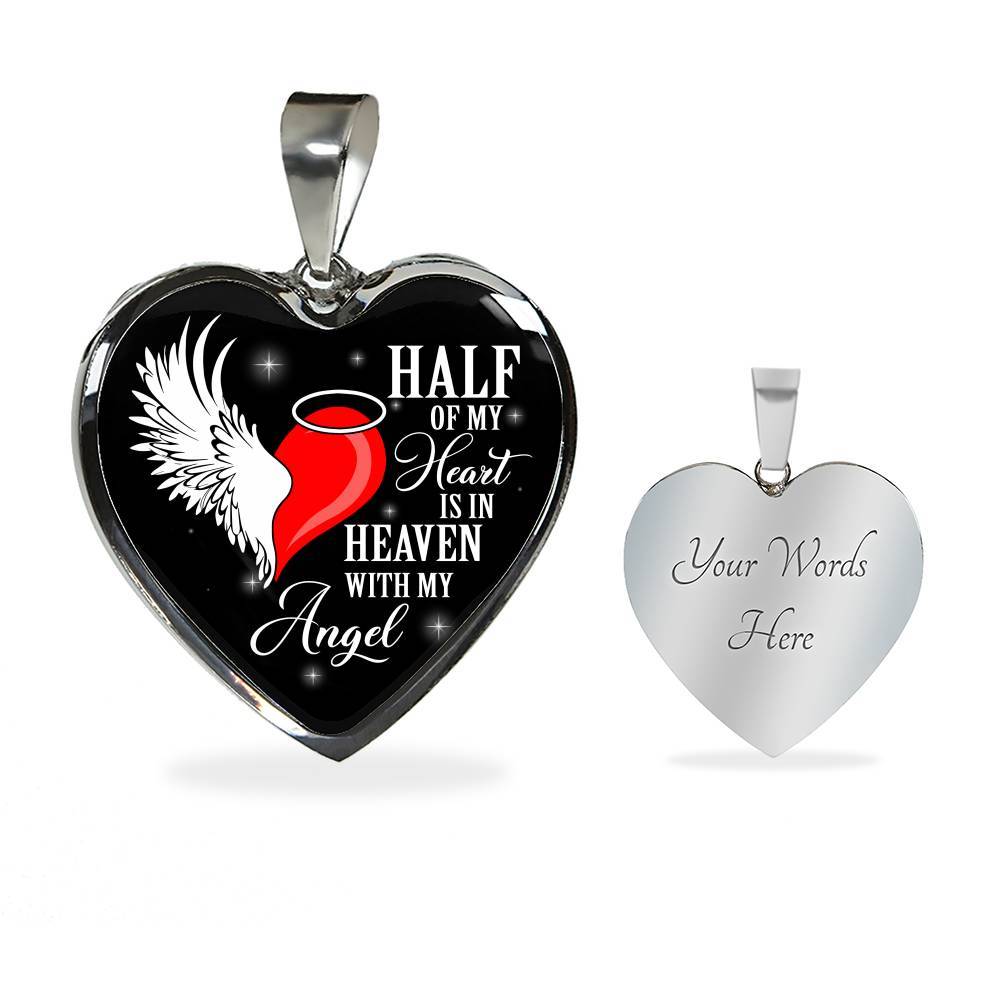 Half Of My Heart Is In Heaven With My Angel Wings Heart Pendant Necklace - Memorial Gift - Heart Luxury Necklace (Silver)