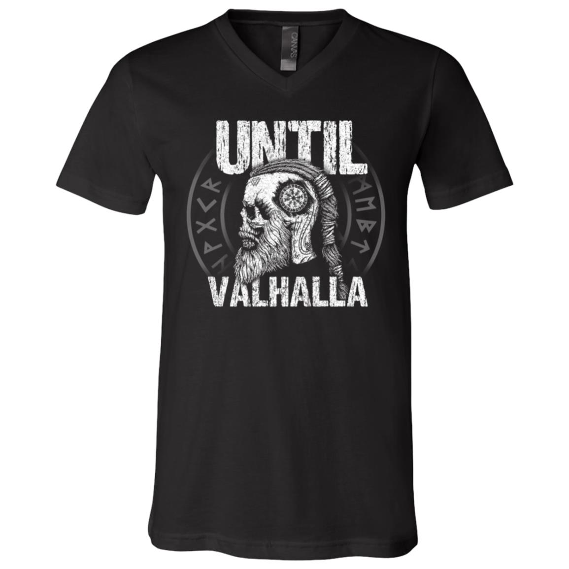 Until Valhalla Shirt - Norse Viking T-shirt - Viking Skull Valknut Vegvisir Compass V-neck Tee Shirt, Black, V-Neck T-Shirt