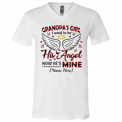 Personalized Grandpa's Girl I Used To Be His Angel Now He's Mine T-Shirt - Grandpa Memorial V-Neck Tee, White, V-Neck T-Shirt