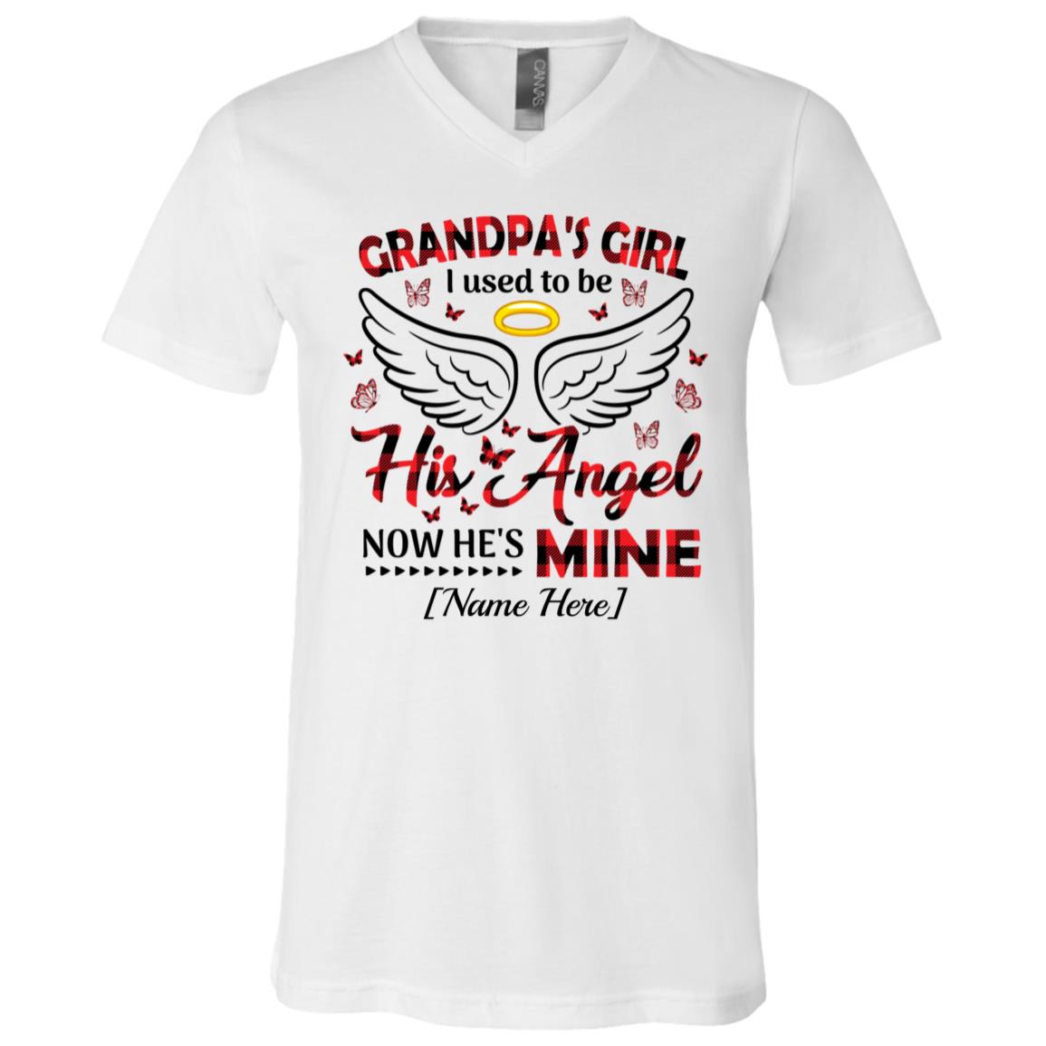 Personalized Grandpa's Girl I Used To Be His Angel Now He's Mine T-Shirt - Grandpa Memorial V-Neck Tee, White, V-Neck T-Shirt