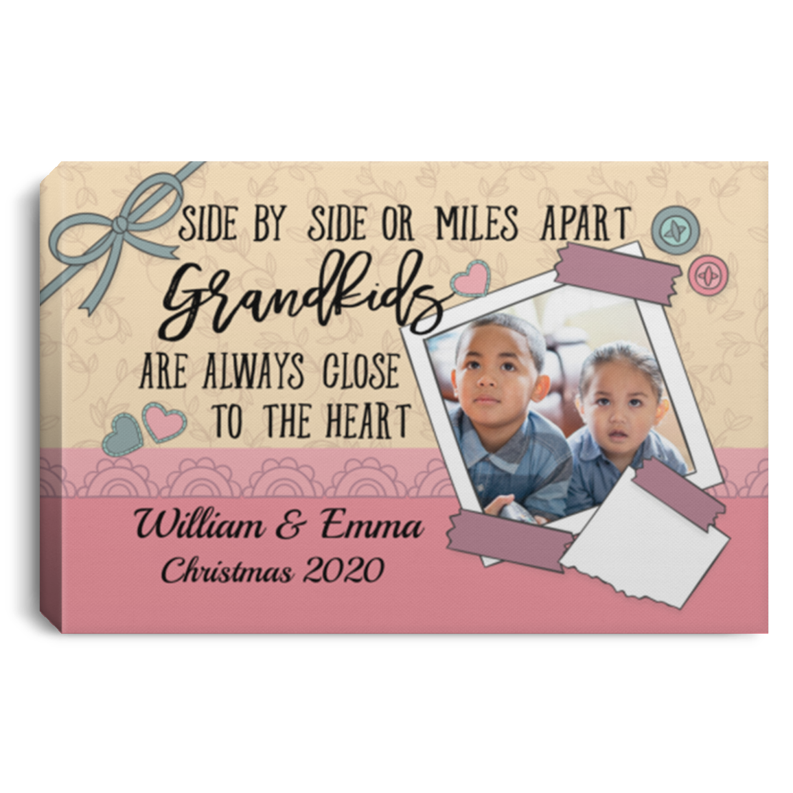 Personalized Photo Side By Side Or Miles Apart Grandkids Are Always Close To The Heart Framed Canvas - Unframed Poster, White, 0.75'' Framed Canvas