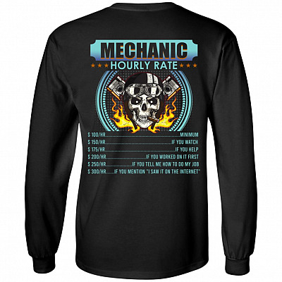 Funny Mechanic Hourly Rate Skull Print on Back Hoodie - Sweatshirt - Long Sleeve Shirt, Black, Long Sleeve