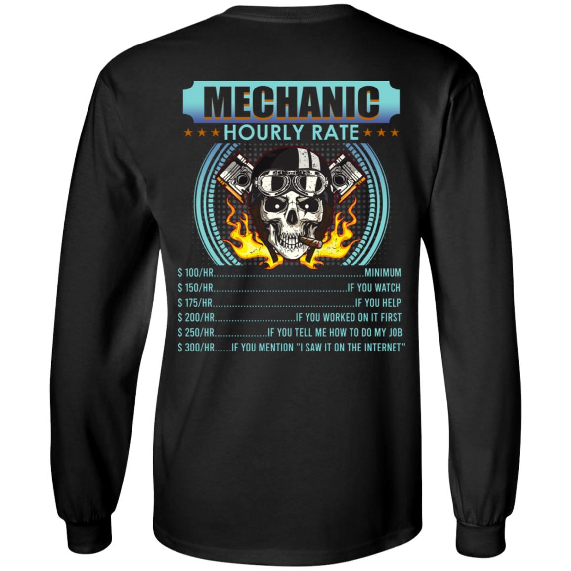Funny Mechanic Hourly Rate Skull Print on Back Hoodie - Sweatshirt - Long Sleeve Shirt, Black, Long Sleeve