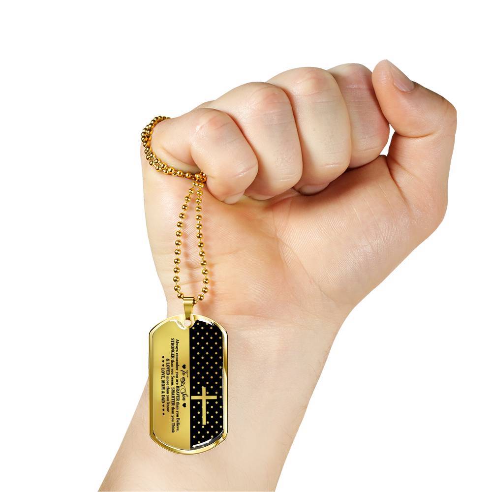 From Mom And Dad To My Son Always Remember You Are Braver Than You Believe Jesus Cross Dog Tag Pendant Necklace - Dog Tag (Gold Plated)