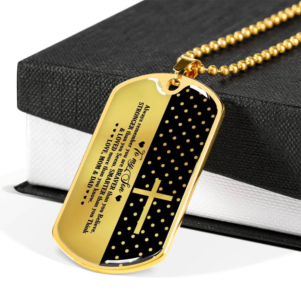 From Mom And Dad To My Son Always Remember You Are Braver Than You Believe Jesus Cross Dog Tag Pendant Necklace - Dog Tag (Gold Plated)