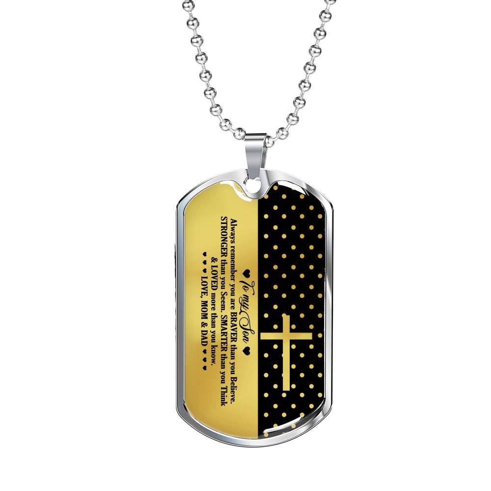 From Mom And Dad To My Son Always Remember You Are Braver Than You Believe Jesus Cross Dog Tag Pendant Necklace - Dog Tag (Silver)