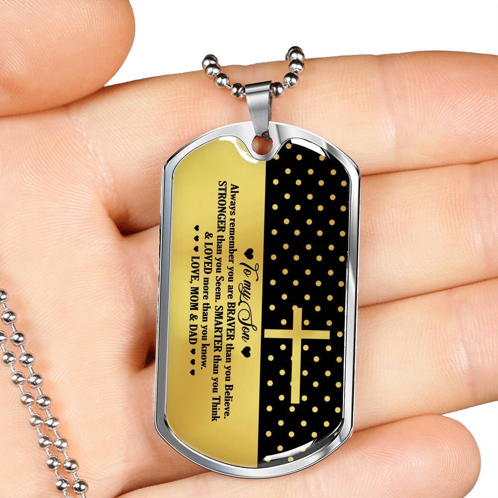 From Mom And Dad To My Son Always Remember You Are Braver Than You Believe Jesus Cross Dog Tag Pendant Necklace - Dog Tag (Silver)