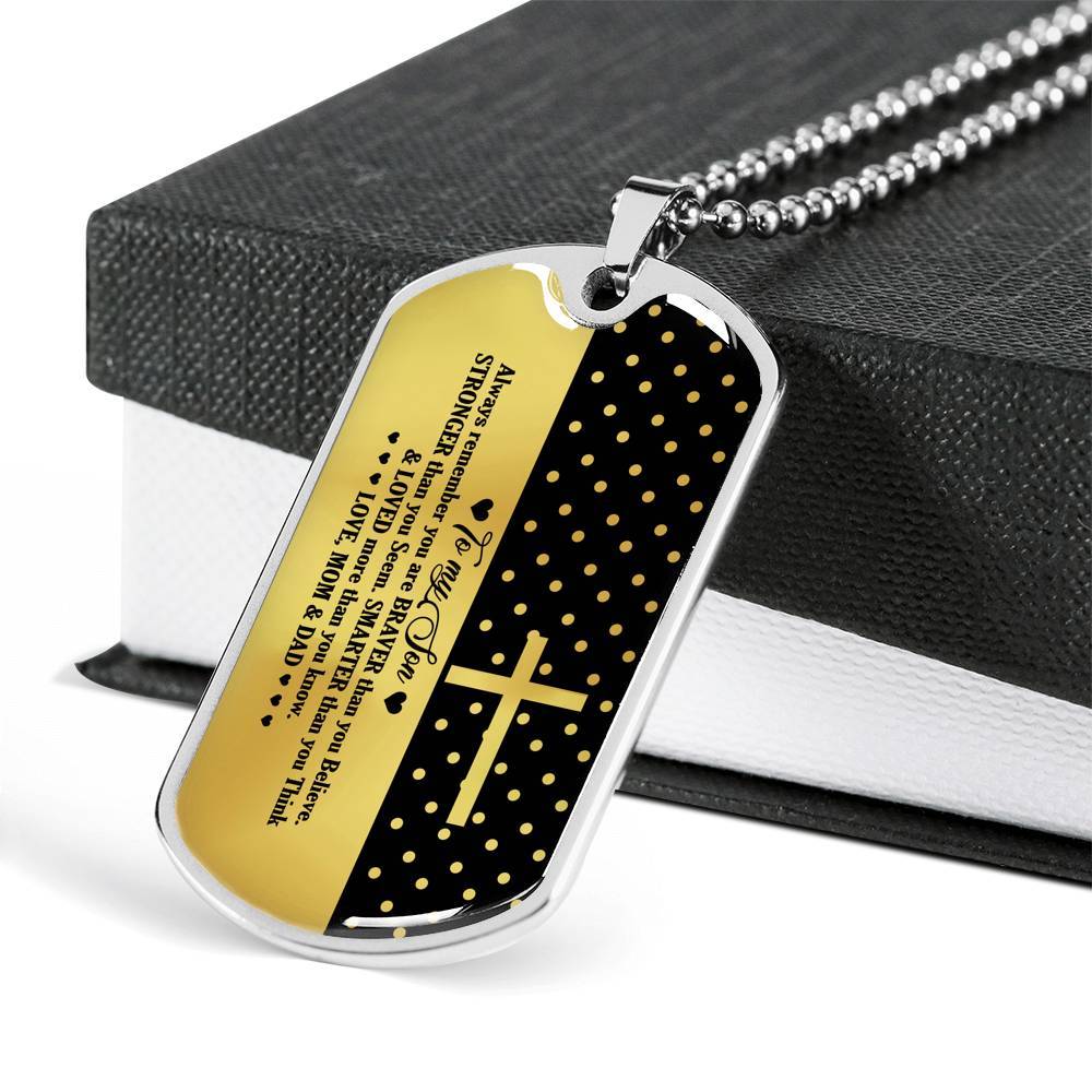 From Mom And Dad To My Son Always Remember You Are Braver Than You Believe Jesus Cross Dog Tag Pendant Necklace - Dog Tag (Silver)