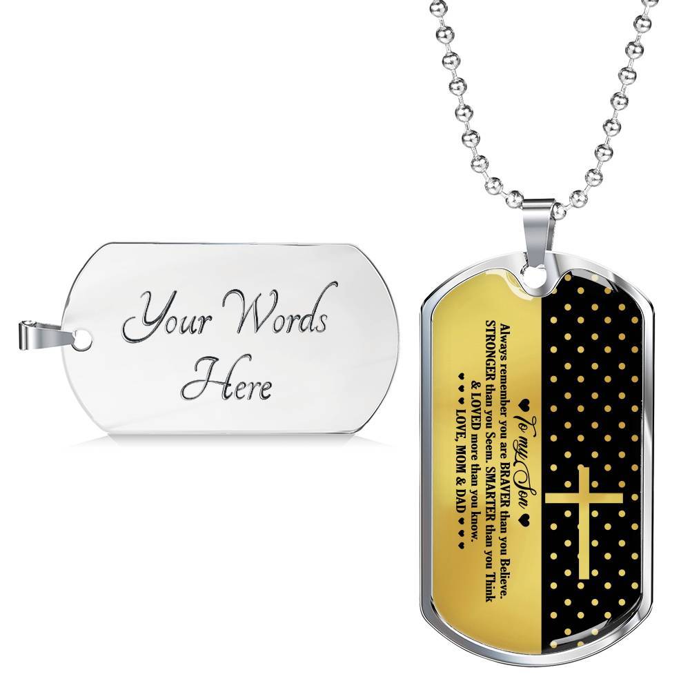 From Mom And Dad To My Son Always Remember You Are Braver Than You Believe Jesus Cross Dog Tag Pendant Necklace - Dog Tag (Silver)