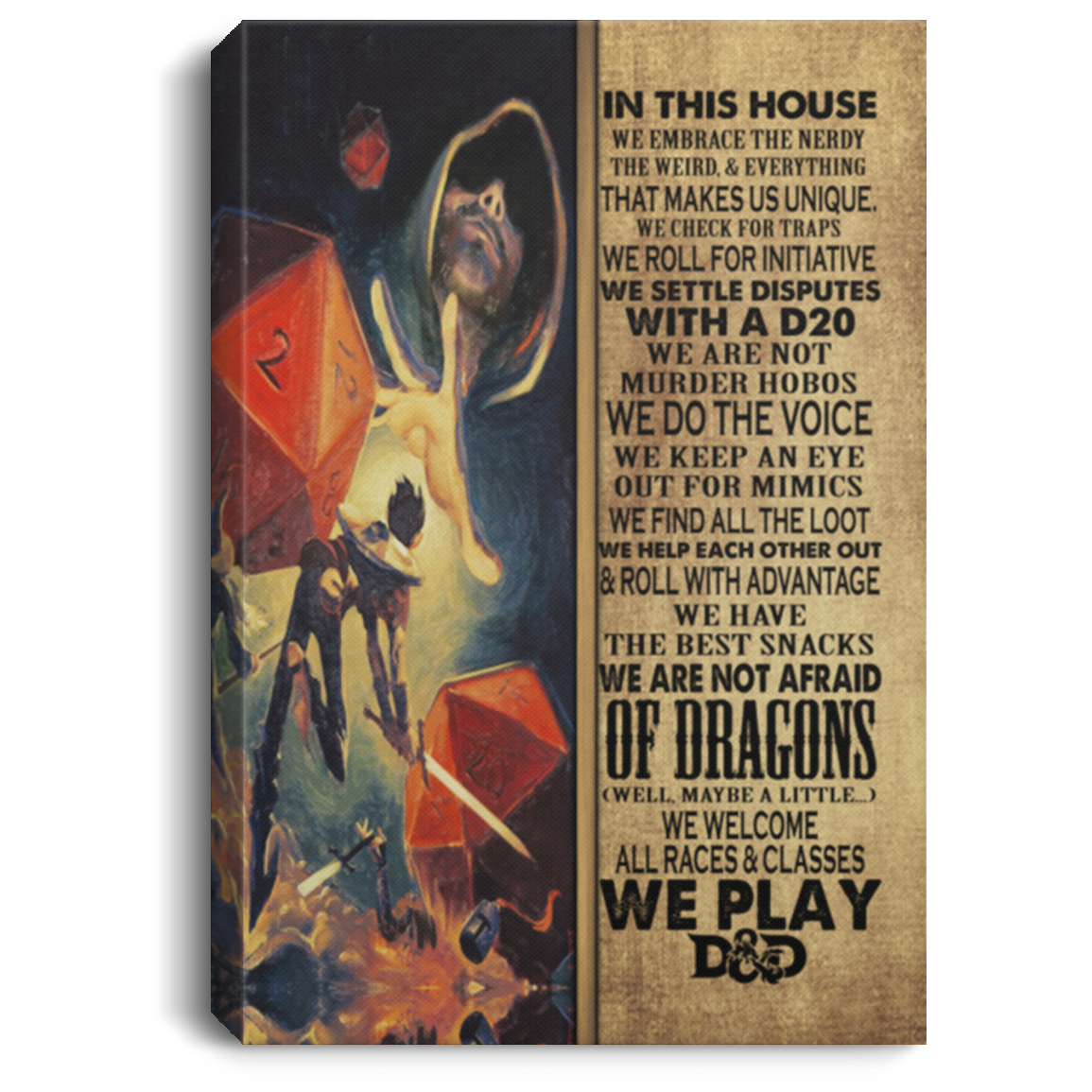 In This House We Play D&D Framed Canvas - Unframed Poster - D And D Boardgame Wall Art, White, 0.75'' Framed Canvas