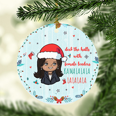 Kamala Harris Deck the Hall with Female Leader Christmas Flat Holiday Circle Ornament Keepsake