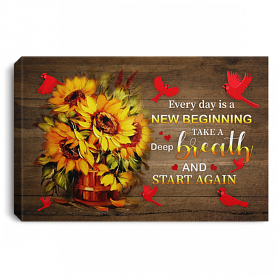 Every Day Is A New Beginning Take A Deep Breath Start Again Quotes Red Cardinal Birds Canvas Poster Wall Art, White, 0.75'' Framed Canvas