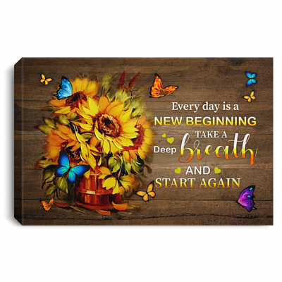 Every Day Is A New Beginning Take A Deep Breath Start Again Quotes Flying Butterflies Canvas Poster Wall Art, White, 0.75'' Framed Canvas