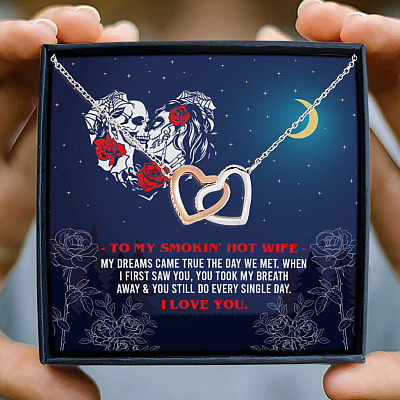 Alternative view of To My Smokin' Hot Wife My Dreams Came True Skull Roses Couple In Love Quote Card Interlocking Hearts Necklace