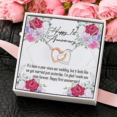 Happy First Anniversary I Love You Forever and Always Romantic Gift Interlocking Heart Pendant Necklace