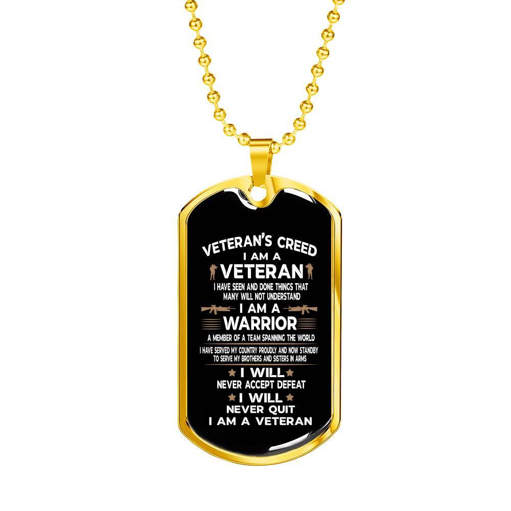 Veteran's Creed I Am A Veteran Dog Tag Pendant Necklace - Military Dog Tags - United States Army Dog Tags - Dog Tag (Gold Plated)