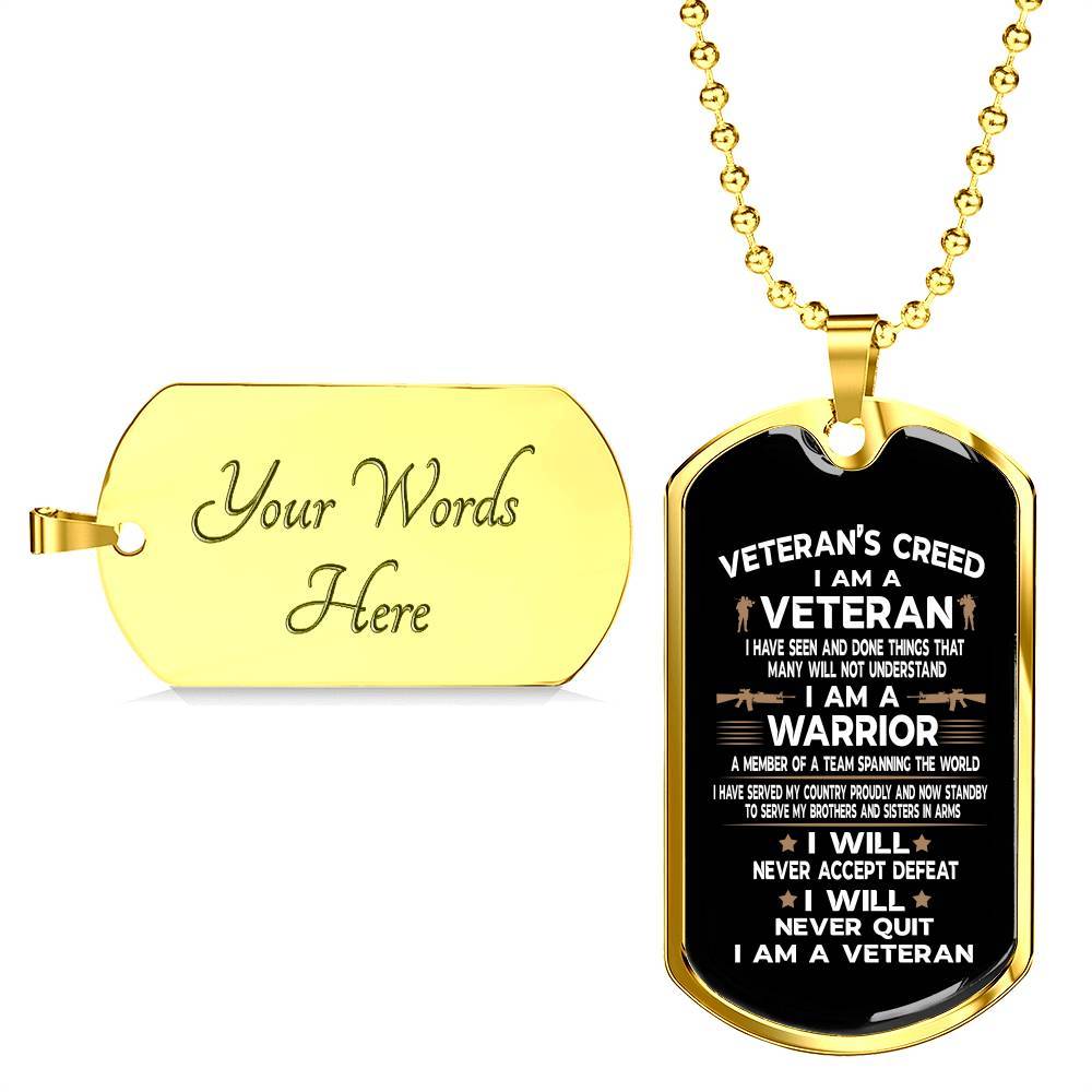 Veteran's Creed I Am A Veteran Dog Tag Pendant Necklace - Military Dog Tags - United States Army Dog Tags - Dog Tag (Gold Plated)