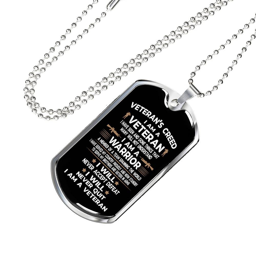 Veteran's Creed I Am A Veteran Dog Tag Pendant Necklace - Military Dog Tags - United States Army Dog Tags - Dog Tag (Silver)