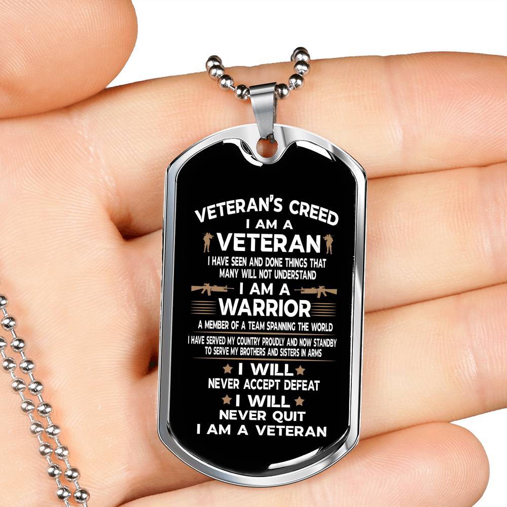 Veteran's Creed I Am A Veteran Dog Tag Pendant Necklace - Military Dog Tags - United States Army Dog Tags - Dog Tag (Silver)