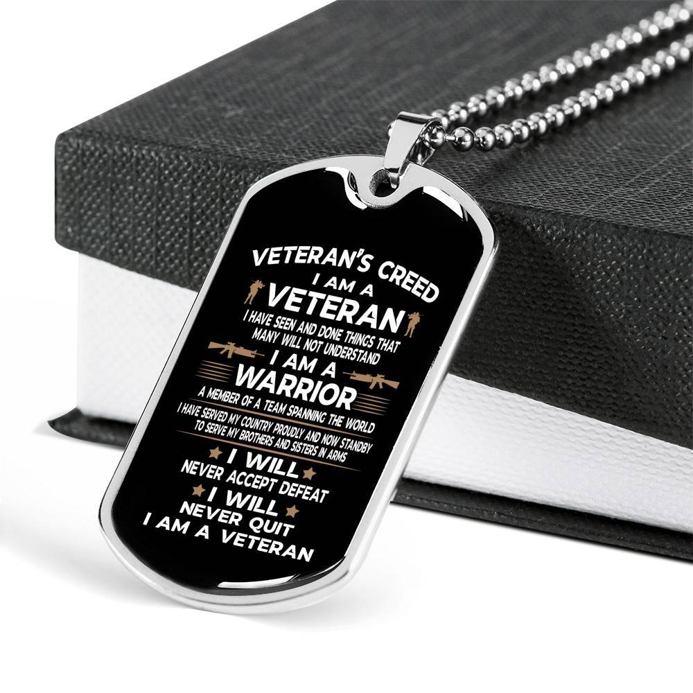 Veteran's Creed I Am A Veteran Dog Tag Pendant Necklace - Military Dog Tags - United States Army Dog Tags - Dog Tag (Silver)