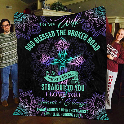 Alternative view of To My Wife God Blessed the Broken Road Jesus Cross Fleece Blanket - Mink Blanket - Woven Blanket