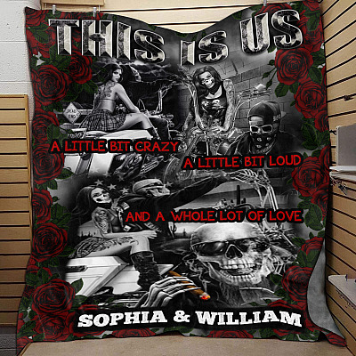 Alternative view of Personalized This Is Us A Little Bit Crazy Loud Skull Biker Couple Rose Blanket - Skull Motorcycle Blanket