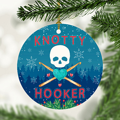 Crochet Knotty Hooker Skull Funny Crocheting Christmas Ornament - Holiday Flat Circle Ornament