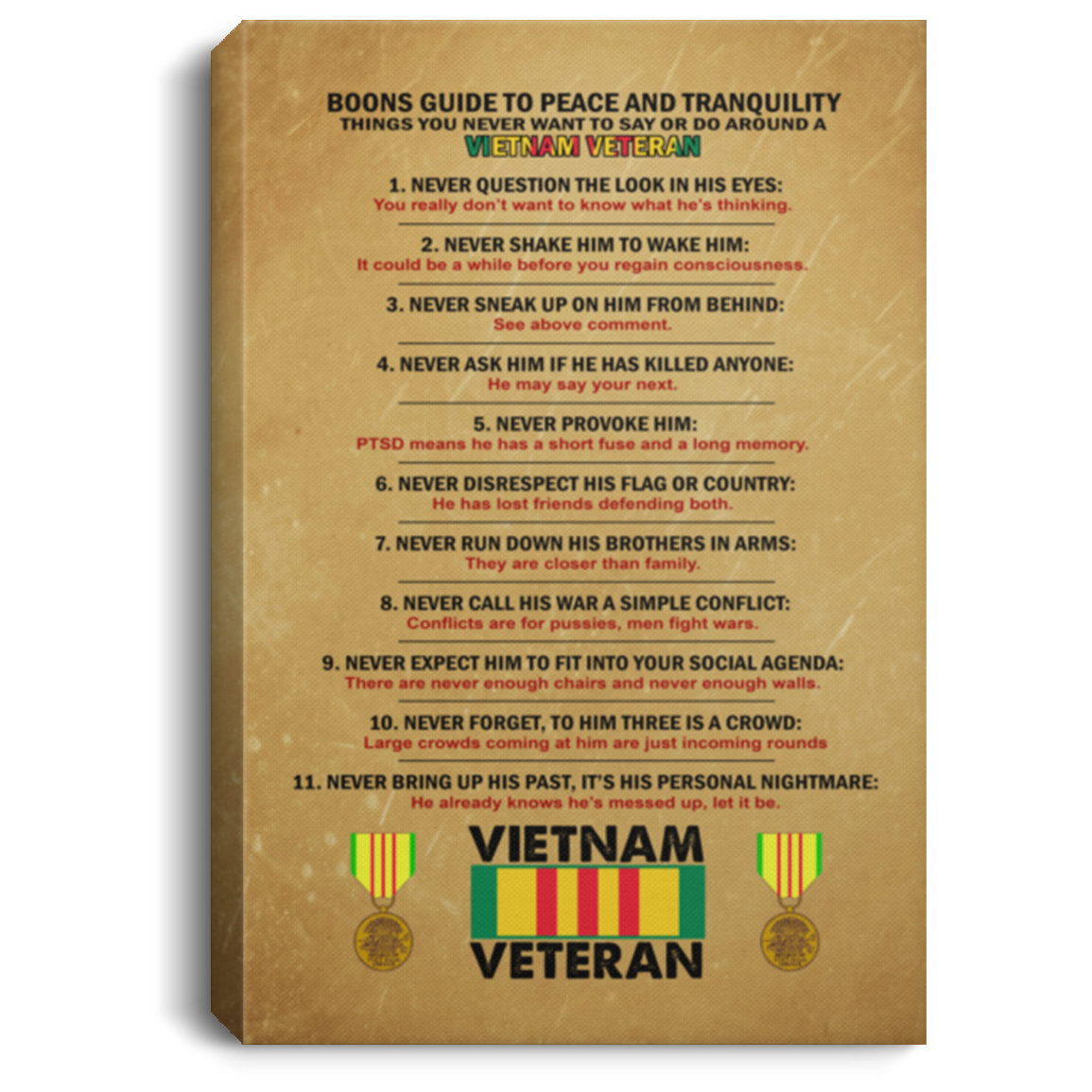 Boons Guide Things You Never Want to Say or Do Around Vietnam Veteran Wrapped Framed Canvas Prints - Unframed Poster, White, 0.75'' Framed Canvas