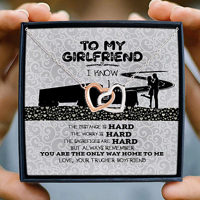 Alternative view of From Trucker Driver Man To My Girlfriend You Are The Only Way Home To Me Couple Interlocking Hearts Necklace