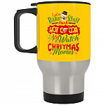 Let's Drink Hot Cocoa, Athletic Gold, 14 oz. Silver Travel Mug