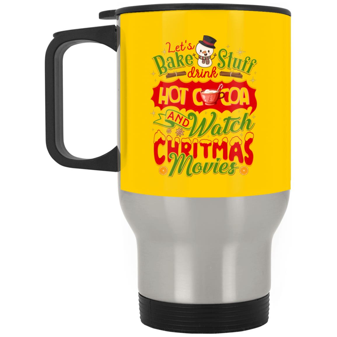 Let's Drink Hot Cocoa, Athletic Gold, 14 oz. Silver Travel Mug