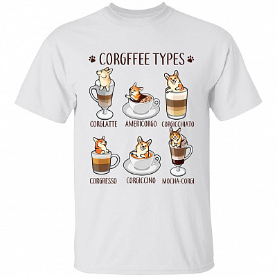 Corgi Coffee Types Art On White T-Shirt, White, Unisex T-Shirt