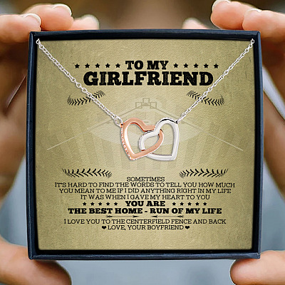 To My Girlfriend You Are The Best Home-Run Of My Life Baseball Couple Quote Card Interlocking Hearts Necklace