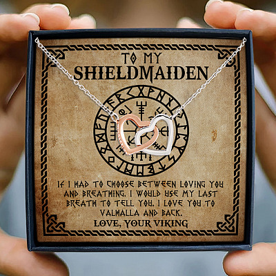 To My Shieldmaiden I Love You To Valhalla And Back Interlocking Hearts Pendant Necklace - Viking Wife Necklace