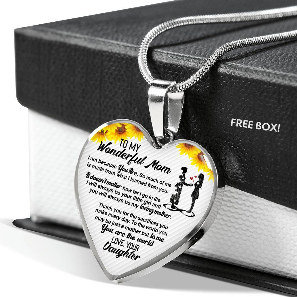 From Daughter To My Wonderful Mom I Am Because You Are So Much Of Me Sunflower Luxury Heart Pendant Necklace - Heart Luxury Necklace (Silver)