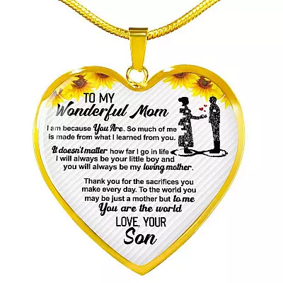 From Son To My Wonderful Mom I Am Because You Are So Much Of Me Sunflower Luxury Heart Pendant Necklace - Heart Luxury Necklace (Gold Plated)