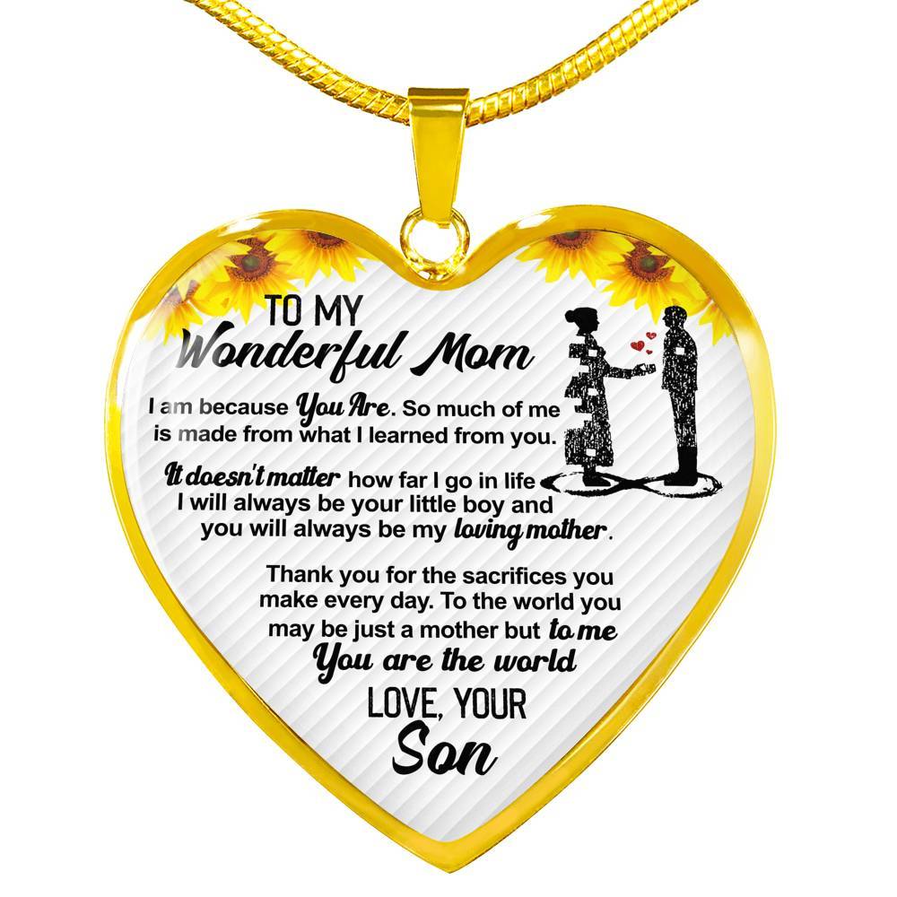 From Son To My Wonderful Mom I Am Because You Are So Much Of Me Sunflower Luxury Heart Pendant Necklace - Heart Luxury Necklace (Gold Plated)