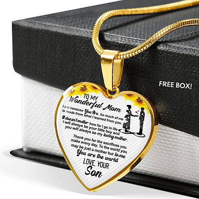 From Son To My Wonderful Mom I Am Because You Are So Much Of Me Sunflower Luxury Heart Pendant Necklace - Heart Luxury Necklace (Gold Plated)