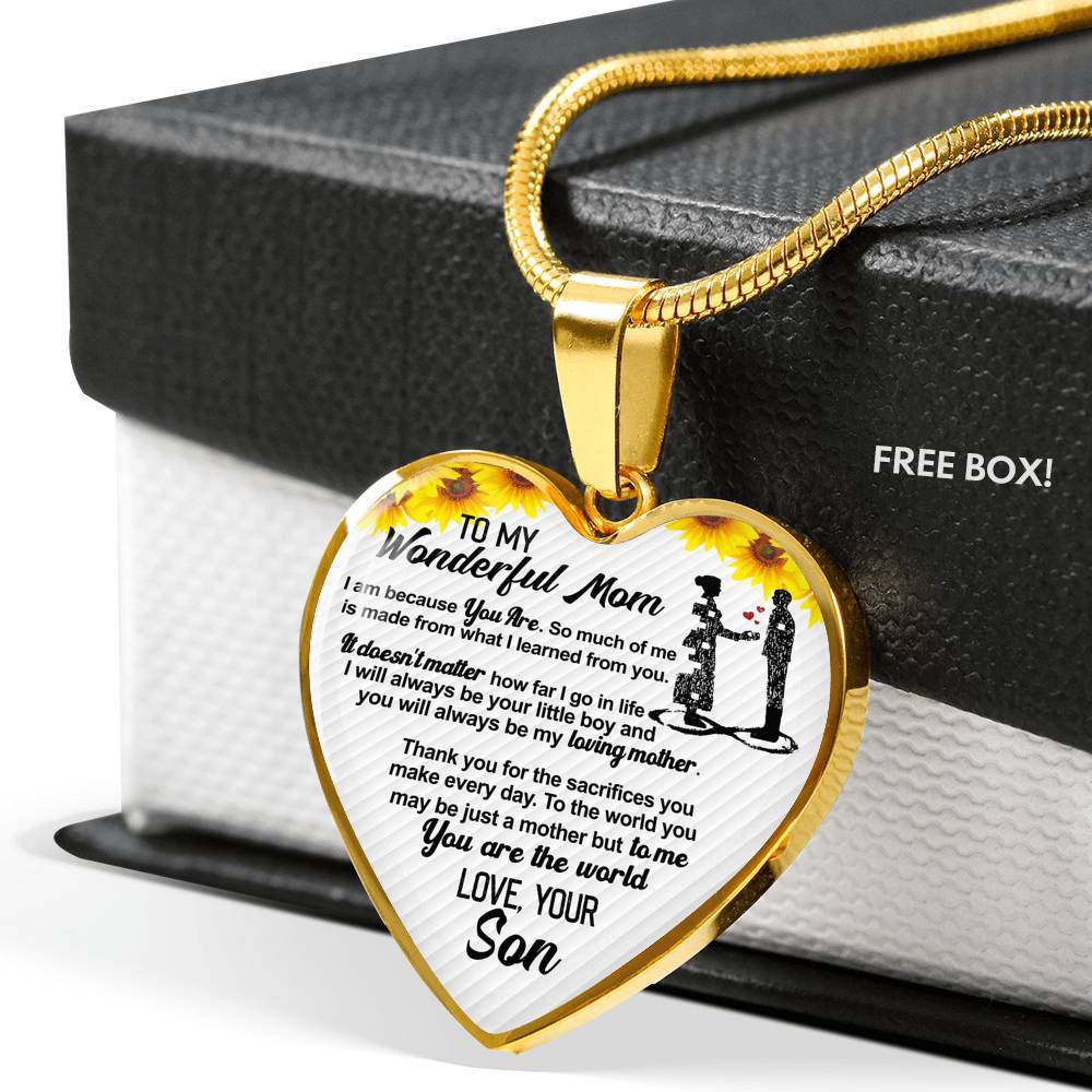 From Son To My Wonderful Mom I Am Because You Are So Much Of Me Sunflower Luxury Heart Pendant Necklace - Heart Luxury Necklace (Gold Plated)