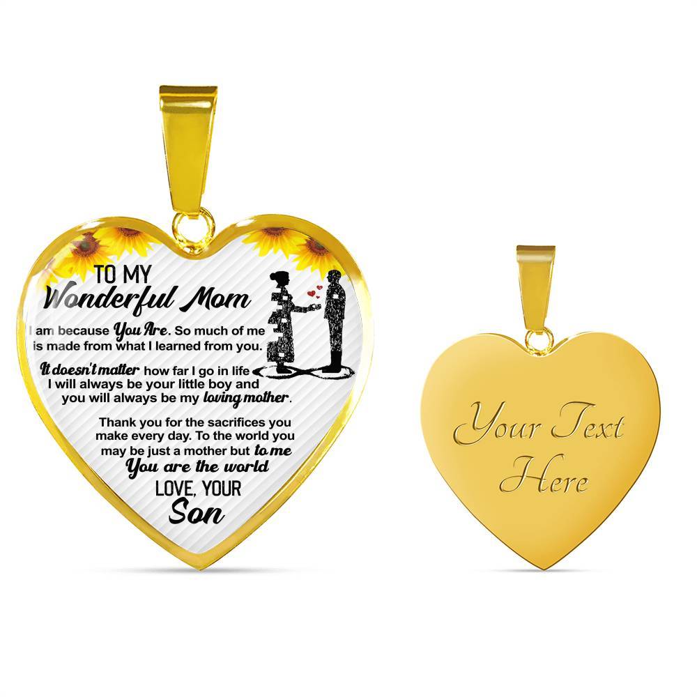 From Son To My Wonderful Mom I Am Because You Are So Much Of Me Sunflower Luxury Heart Pendant Necklace - Heart Luxury Necklace (Gold Plated)